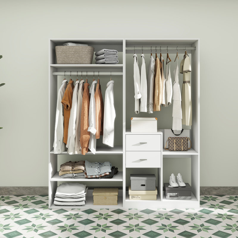 Latitude Run® Closet Organizer System with Drawers and Hanging Rods, Open Wardrobe for Walk-in ...